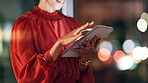 Business woman, hands and tablet at night for schedule planning or social media in digital marketing at office. Hand of happy female employee smiling and working late on touchscreen at workplace