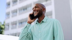 Phone call, city and black man talking, 5g networking and online communication for job search or opportunity. Happy african person or entrepreneur on smartphone conversation for career or project
