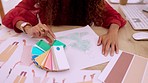 Designer, fashion and colour choice for sketch, pattern or texture of product in workshop. Woman, paper and palette for creativity, design  planning in manufacturing process with thinking for ideas