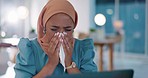 Business, Islamic woman and employee sneeze, tissue and fever in workplace, flu and cold. Muslim female manager, leader or entrepreneur with toilet paper, health or ill in office and allergy sickness