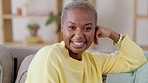 Smile, sofa and face of black woman relax at home for calm, peaceful and quality time in living room. Happy, weekend and portrait of female on couch excited for new house, apartment and real estate