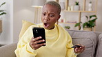 Black woman, payment problem and shock with credit card transaction fail, e commerce and phone with phishing. Glitch, mistake and wow with surprise, female with online shopping and confused customer