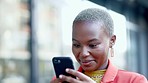 Black woman in city, smartphone and typing with achievement, success and celebration with smile. African American female, lady and cellphone with connection, social media and email with good news