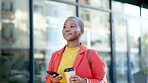 Phone, coffee break and black woman in city on 5g technology, social media and happy travel or walking. Young gen z person or student with smartphone or cellphone on her way to university or college
