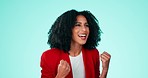 Business, black woman and fist for celebration, excited and confident girl against blue studio background. African American female employee, ceo or entrepreneur with gesture for achievement and smile