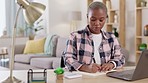 Business, woman and entrepreneur planning, remote work from home and focus for new project, deadline and web design. African American female employee, lady and notebook for ideas, journal and calm