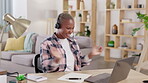 Remote work, call center success or happy black woman in a telemarketing or customer services goals. Bonus target winner, fist or excited sales agent in celebration for winning a deal in home office