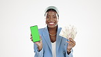 Phone, euro and green screen with a black woman lottery winner in studio isolated on a white background. Cash, app and finance with a female holding mobile mockup as a winning investment trader