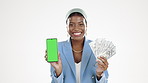 Phone, finance and green screen with a black woman lottery winner in studio isolated on a white background. Cash, app and money with a female holding mobile mockup as a winning investment trader