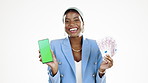 Phone, money and green screen with a black woman lottery winner in studio isolated on a white background. Cash, app and finance with a female holding mobile mockup as a winning investment trader