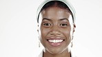 Happy, beautiful and portrait of a laughing black woman isolated on a white background in studio. Makeup, smile and African girl with cosmetics confidence, happiness and funny on a studio backdrop