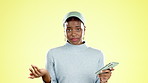 Confused, question and face of black woman with phone on yellow background with problem, message or glitch. Smartphone, why mockup and portrait of girl with doubt for notification, news or online