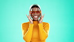 Happy, sunglasses and fashion with black woman in studio for cosmetics, confident and beauty. Smile, retro and trendy with muslim girl and accessories for cool, fun and gen z  style on background 