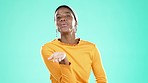 Face, black woman and blowing kiss on background for love, care and flirting lips on color backdrop in studio. Portrait of happy model, hands and air kissing with smile of romance, happiness or emoji