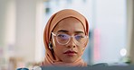 Business, Islamic woman and glasses with focus, stress and deadline for proposal, review and online reading. Muslim female employee, manager and entrepreneur with eyewear, reflection and thinking