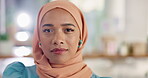 Portrait, Islamic and face of Muslim woman relax with fashion or style for empowerment in a company office. Employee, worker and confident professional businesswoman with a hijab or scarf in Dubai