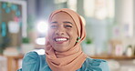 Face of muslim business woman in office planning, happy career and professional mindset for creative job. Young arabic, islamic or hijab person, worker or employee with smile for workplace inclusion