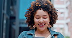 Laugh, phone and black woman in city with 5g technology, mobile app or typing on smartphone for college chat. Young urban person or gen z student with funny meme on smartphone, cellphone or internet