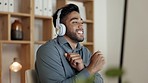 Office music, dance and man listening to podcast theme song, digital audio or digital radio sound. India accountant, bookkeeping administration and dancing worker streaming web playlist on headphones