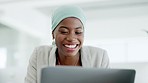 Mockup, business and black woman with computer, excited and achievement in workplace. African American female professional, employee or manager with happiness, reading email or company website update