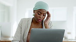 Stress, headache and frustrated black woman on laptop in office with 404 technology glitch, crisis or online problem. Business, burnout and computer mistake with anxiety, doubt and fatigue with pain