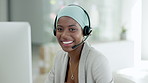 Face of call center black woman, international agent or consultant for ecommerce, customer support or help desk. African virtual assistant or Nigeria person consulting on computer in professional job