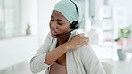 Black woman at call center, shoulder pain and injury, muscle tension and stress in telemarketing, massage and problem. Arthritis, joint ache and burnout, female agent in customer service and strain