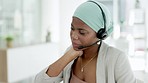 Black woman, call center employee and neck pain with injury, bad posture with muscle tension and massage. Customer service, CRM and female agent with muscular strain, stress and burnout in workplace