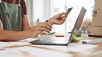 Woman, laptop and hands with credit card for ecommerce, small business or online shopping at workshop. Hand of female fashion designer wireless purchase, transaction or internet banking on computer