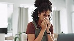 Woman, tissue and blowing nose in work from home office for allergies, covid sickness and cold virus. Sick female, remote worker and sneeze of flu, allergy or health risk of medical sinusitis disease