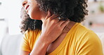 Neck pain, discomfort and black woman suffering from ache muscle strain or inflammation feeling sad or sick. Person, overworked and burnout by young female sore in a home or house with pressure