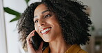 Black woman, face and phone call, smile and communication, chat and happiness with conversation. Talking, contact and network with young female, happy with discussion and technology with connection