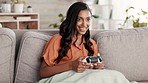 Black woman gamer, controller and sofa in home living room in competition, online gaming or happy to play. Young gen z girl, video games or relax on lounge couch with excited face for digital contest