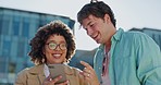 Man, black woman and city with phone, social media and funny meme with laugh, happiness and sunshine. Interracial couple, reading and internet blog with streaming ux, comic video and 5g networking