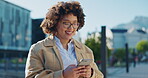 Black woman, phone typing and city for campus network, 5g communication and mobile app chat. Young student or gen z person laugh on smartphone, cellphone or social media post for funny internet meme