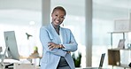 Happy black woman, face and arms crossed in business at night for happiness, confidence and motivation. Young female worker, portrait and smile in company for overtime, corporate pride or empowerment