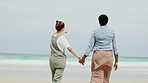 Holding hands, sea walking and couple of friends by the beach with lgbt love and lesbian support outdoor. Happiness, ocean date and women back of young people in nature on summer travel and vacation