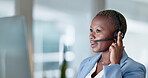 Call center, computer and friendly woman in virtual communication, online meeting or global consulting in night office. Business African person talking on headset support, update or crm networking