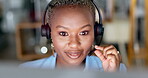 Call center, friendly and black woman, agent or consultant global discussion, night tech support or ecommerce web service. Business person talking on computer for online meeting or virtual consulting