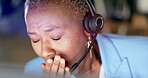 Tired call center woman yawn, fatigue and sleepy for night customer support, global telemarketing or virtual help desk job. Burnout african agent, consultant or callcenter worker working on computer