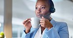 Telemarketing, coffee and black woman in call center, customer service and success in workplace. African American female employee, consultant and agent with tea, headset and tech support in office