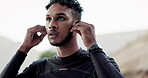 Ready man, earphones or running sweat in nature fitness, workout or exercise in marathon, training motivation or healthcare. Tired athlete, listening or sports runner music, radio or podcast vision