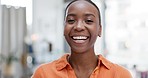 Happy, laughing and portrait of a beautiful black woman for happiness, comedy and confidence. Funny, smiling and face of an elegant African girl looking charming, confident and cheerful at home
