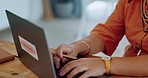 Woman hands typing on laptop for ideas, inspiration and blog writing for remote work opportunity. Planning, thinking and closeup of entrepreneur or person with online career or freelance job research