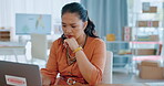 Serious, thinking and woman on laptop for business startup ecommerce planning and logistics decision. Contemplating, thoughtful and asian person, entrepreneur or seller working on computer for ideas