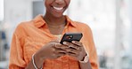 Smartphone, black woman typing and social media, communication and online, happiness with meme and chat. Happy female using phone, connectivity and wifi, smile and check post on app and technology