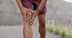 Massage, injury and leg of a man with knee pain, broken bone or emergency after running for cardio. Fitness, accident and athlete massaging body after training strain, inflammation or torn ligament