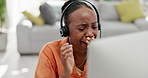 Yawning, call center or tired black woman sleeping at desk from overworked by deadlines or stress. Remote work, African consultant or lazy telemarketing worker at desk exhausted, fatigue or burnout