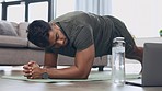 Exercise, plank and man with a laptop for a video, workout tutorial or lesson online. Balance, stamina and guy following a digital class on a computer for fitness, strength training and cardio