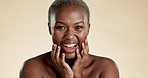 Laugh, beauty and black woman touch face for facial treatment, wellness and skincare in studio. Dermatology, spa aesthetic and portrait of African girl with glowing, healthy and natural cosmetics